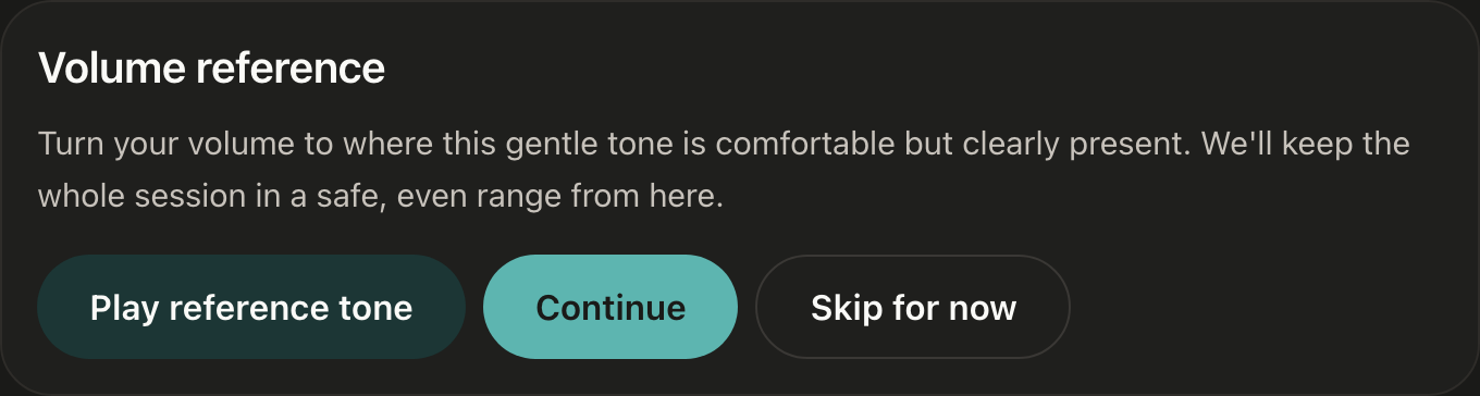 The ten-second listening-level check: play a reference tone, set a comfortable volume, confirm left and right are the right way round.