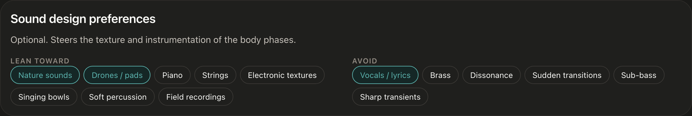 The wizard's sound-design preferences: lean-toward chips (nature sounds, drones and pads selected) and avoid chips (vocals and lyrics selected).