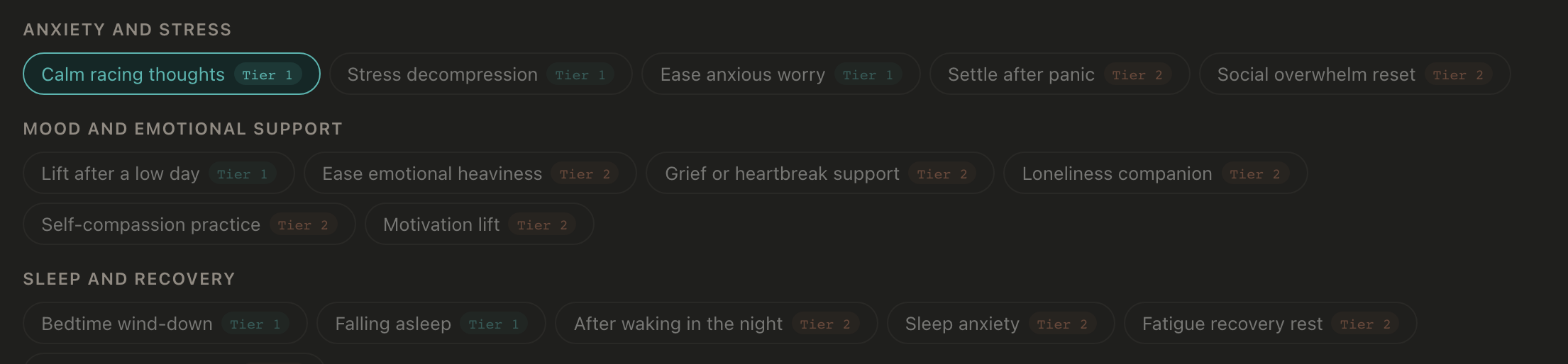 The wizard's support-area picker: thirty-seven labelled chips grouped by category, each with its evidence-tier badge — calm racing thoughts selected.